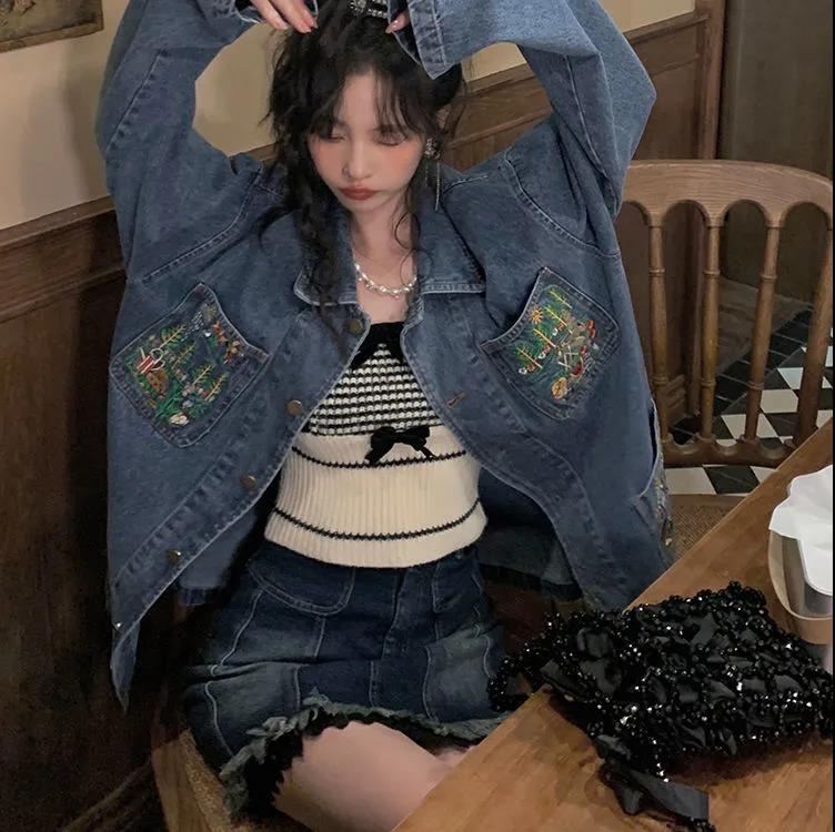 Retro Loose Embroidered Denim Jacket Women's 2022 Spring New Style Lazy Style Thin Mid-length Jacket Top Trend