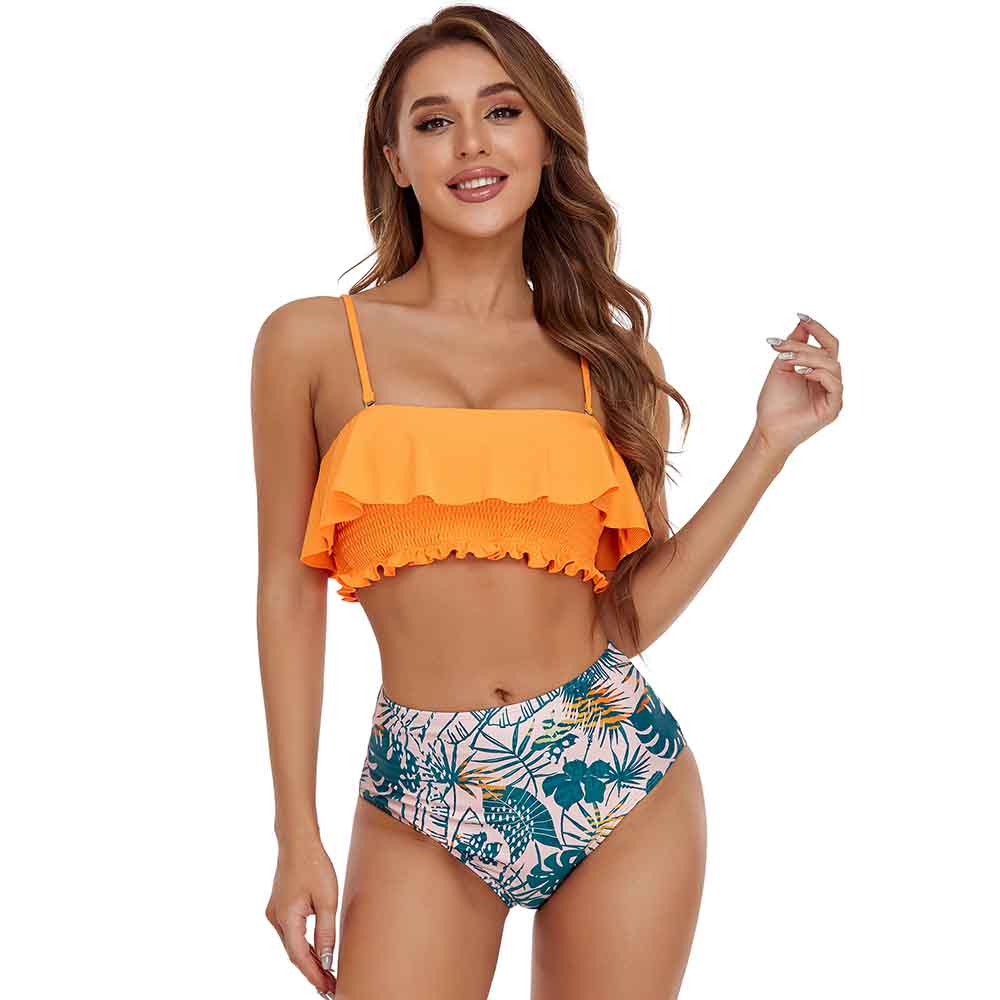 Printed Pit-striped Cable Swimsuit Women's Smocked Bikini High Waist Triangle Lotus Leaf Swimsuit