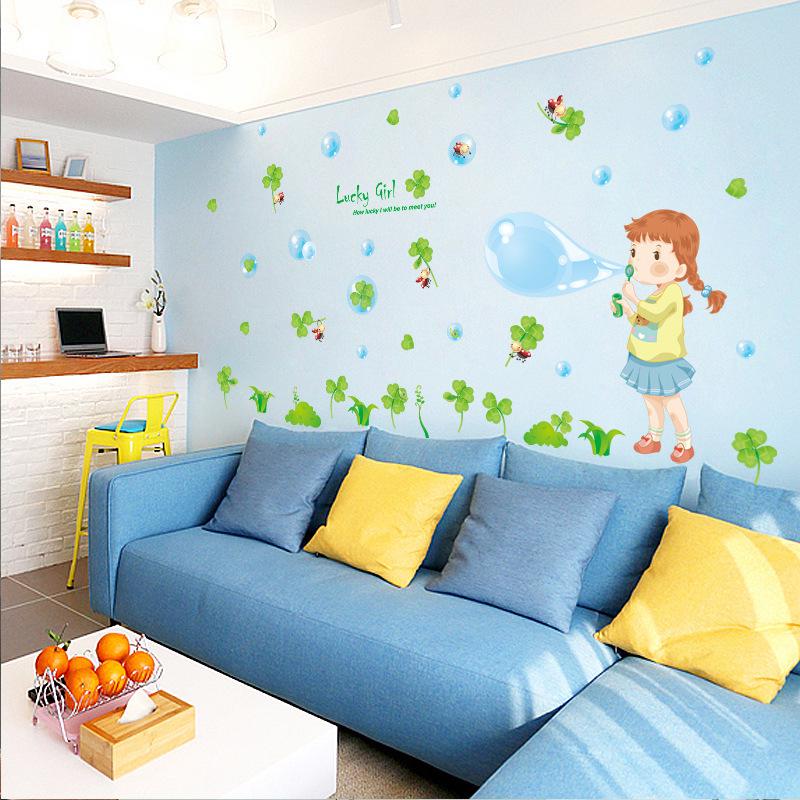 Kindergarten classroom layout self-adhesive clover wall stickers cartoon blowing bubble little girl