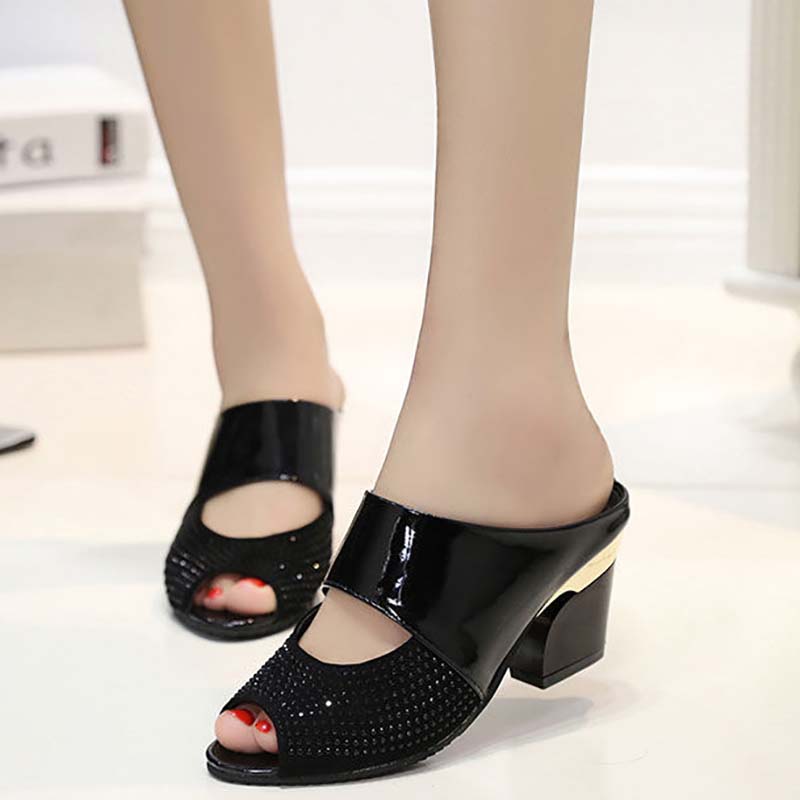 High Heel Slippers Women Summer Mid-heel Fish Mouth Slippers Thick Heel Sandals Patent Leather Rhinestone Women Sandals