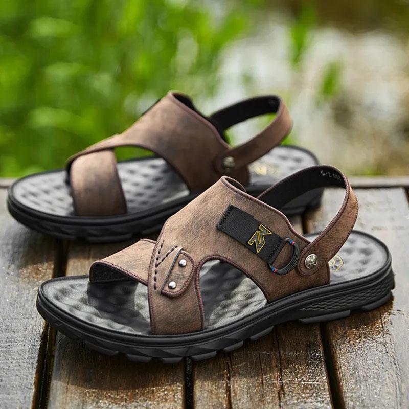 Men's Sandals Outer Wear Genuine Cowhide Leather Soft-soled Sandals Summer Thick-soled Beach Sandals Dual-use Slippers Open Toe Sandals