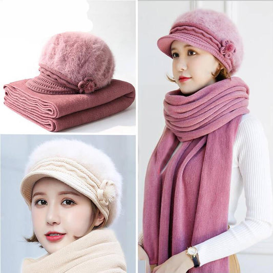 2pcs/set Winter Women's Hat + Scarf Set Girl Warm Beanies Hat for Girl Scarf Pompoms Winter Hats