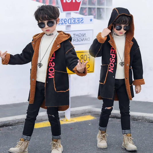 Boy's Coat Autumn and Winter Thickened Children's Woolen Coat Plus Velvet Thick Windbreaker