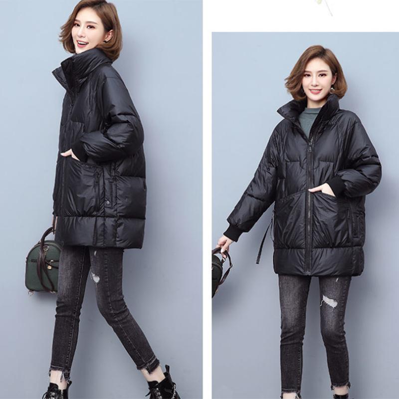 Women's Shiny Mid-length Down Jacket Winter Korean Style Loose Coat Warm Stand-collar Down Jacket