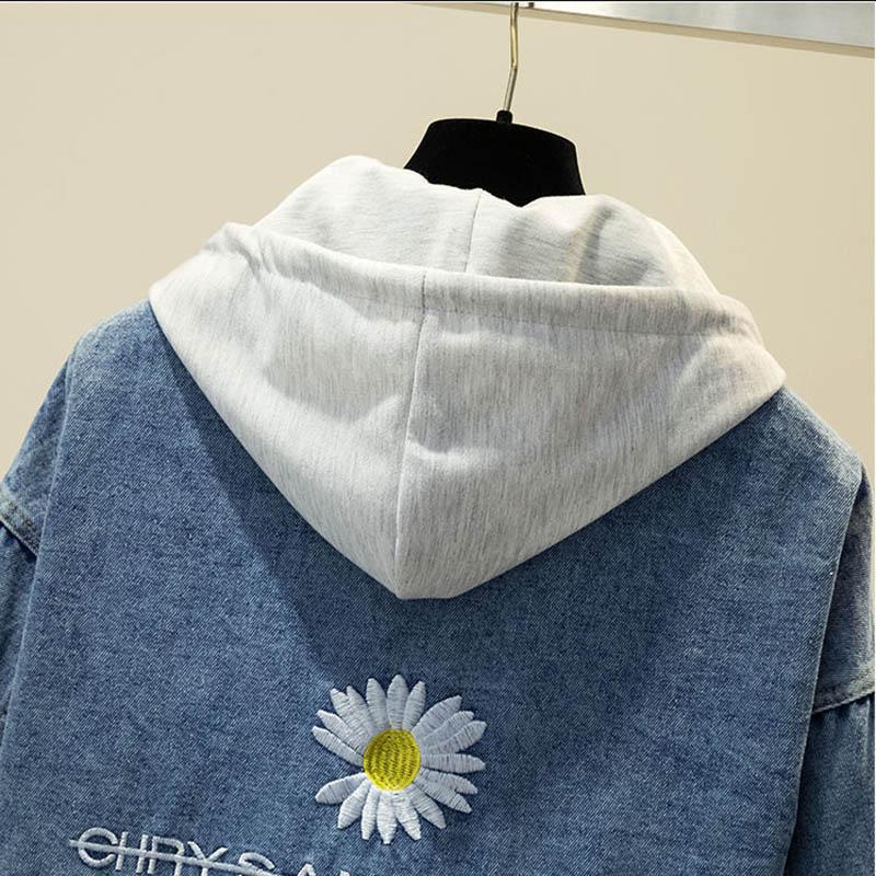 Autumn Style Detachable Cap Embroidered Daisy Denim Jacket Female Loose Student Jacket Top