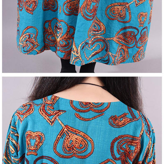 Large Size Women's Retro Printing Round Neck Skirt Covering Hips Fat Mm Dress O-neck Mid-length Sleeves Loose Casual Long Dress with Waist and Slim