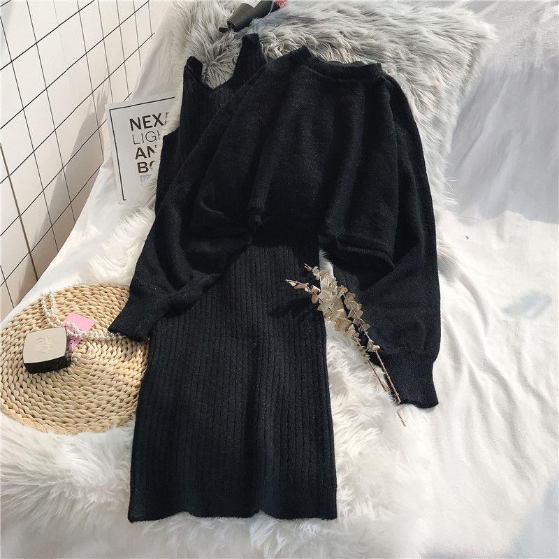 Temperament Sweater Suit Skirt Female Loose Knit Sweater Two-piece Suit Suspender Sweater Dress + Long-sleeved Top Comfortable and Warm Two-piece Suit