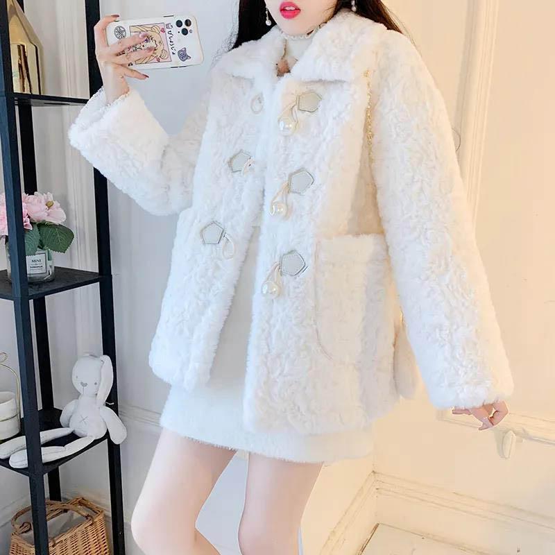 Winter Model Rabbit Plush Coat Female Korean Version Loose Horn Buckle Lamb Hair Western Style Faux Fur Coat