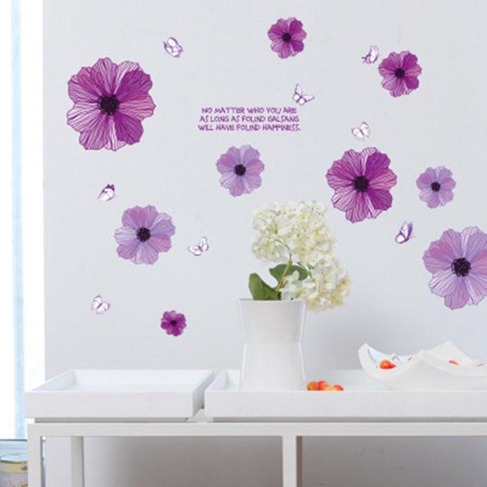 Purple flowers romantic bedroom living room entrance cabinet TV background decoration wall stickers