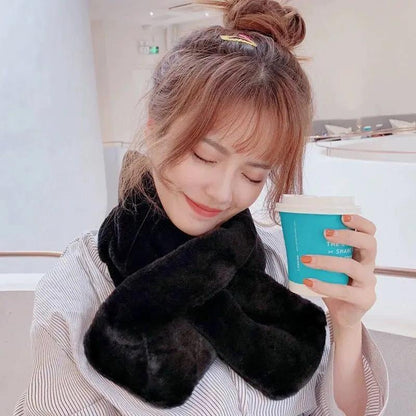 Women's Korean Style Cute Plush Faux Rex Rabbit Fur Blend Scarf Autumn and Winter Bib Pullover Solid All Match Scarf Soft Cross Neck Bib Neckerchief