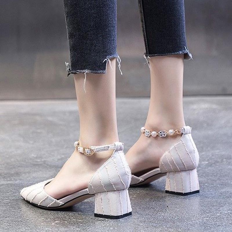 Thick Heel Pointed Toe with Single Shoes Women French High Heels Fairy Baotou Sandals Women's Mid-heel