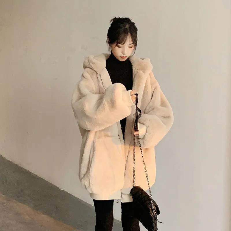 Autumn and Winter Loose Plush Faux Rabbit Fur Faux Fur Mid-length Thick Hooded Jacket Women