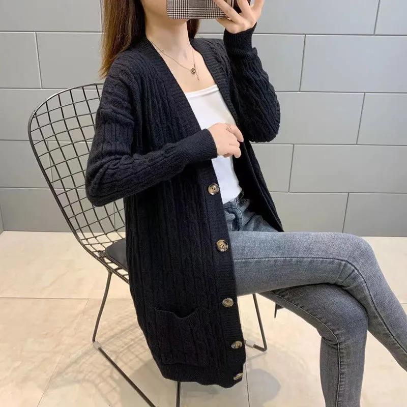 Women's Loose All-match Mid-length Knitted Sweater Cardigan Sweater Coat In Spring and Autumn