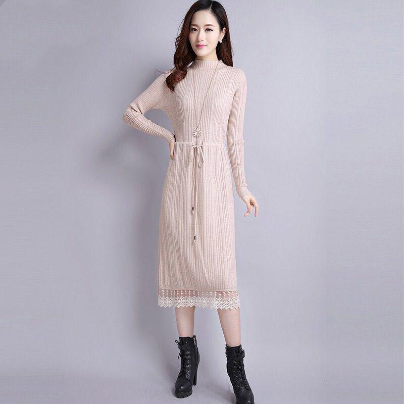 Autumn and Winter Long Sweater Dress Over The Knee Knit Bottoming Dress Half High Neck Lace Female Sweater