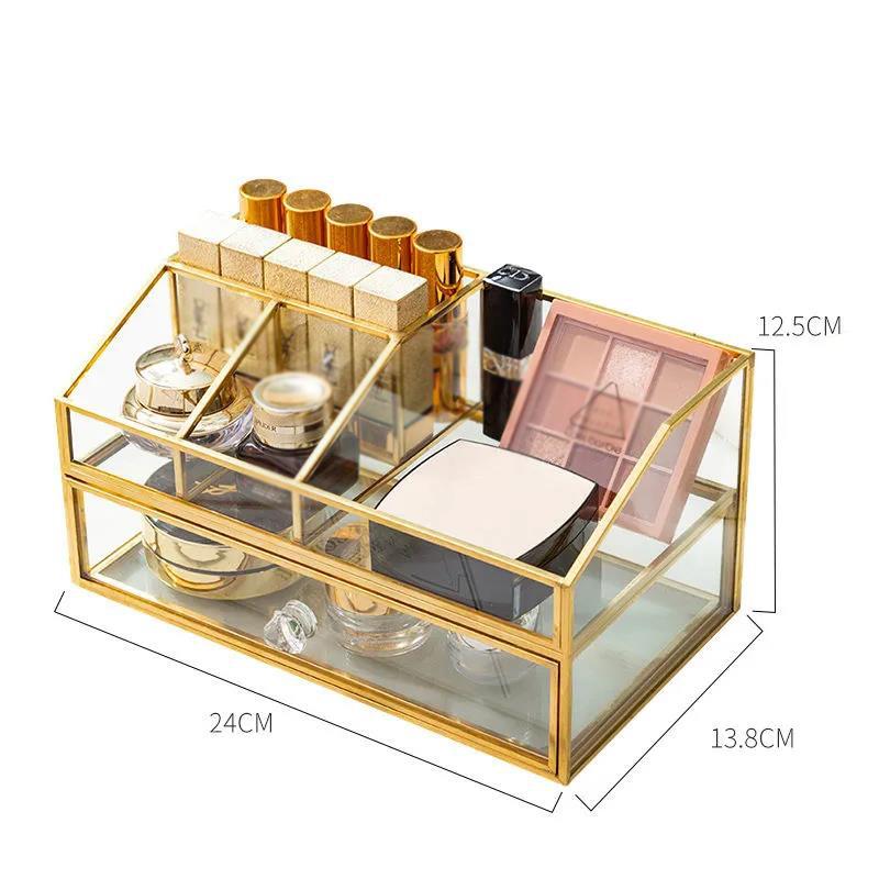 European-style Brass Small Transparent Glass Cosmetic Storage Box Skin Care Products Perfume Lipstick Pressed Powder Desktop Rack