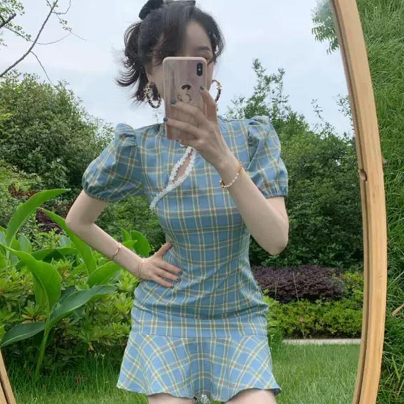 Improved Version of Cheongsam Female Summer Puff Sleeve Retro Plaid Dress with Waist and Thin Temperament Chinese Style