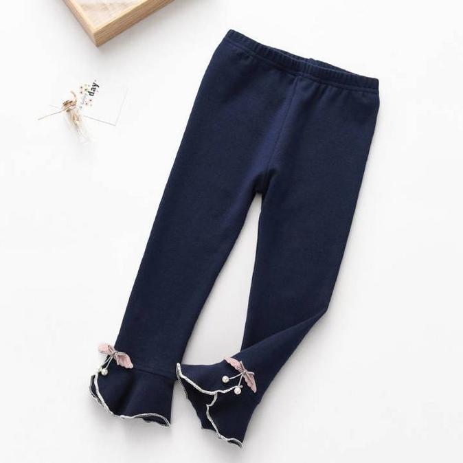 Girls' Leggings Children's Spring and Autumn Thin Bow Pearl Flowers Korean Cropped Trousers Stretch Pants Baby Outer Wear and Inner Wear