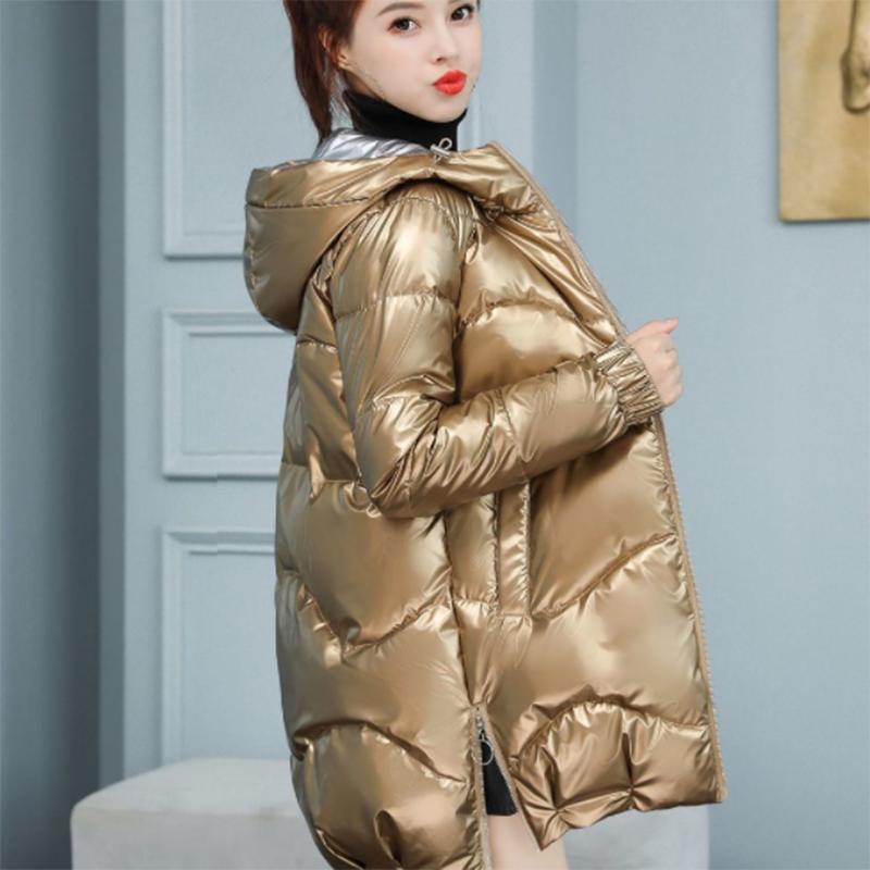 Women's Glossy Mid-length Down Jacket Winter Korean Style Loose Cotton Clothes Casual Hooded Padded Jacket