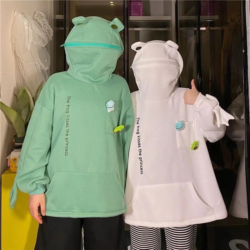 Autumn and Winter Cartoon Frog Head Hooded Sweater Female Design Sense Student Class Tops