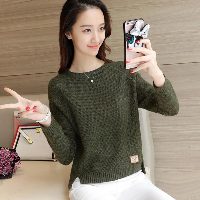 Autumn and Winter Knitted Sweater Short Round Neck Loose Top Simple Long-sleeved Women's Bottoming Shirt