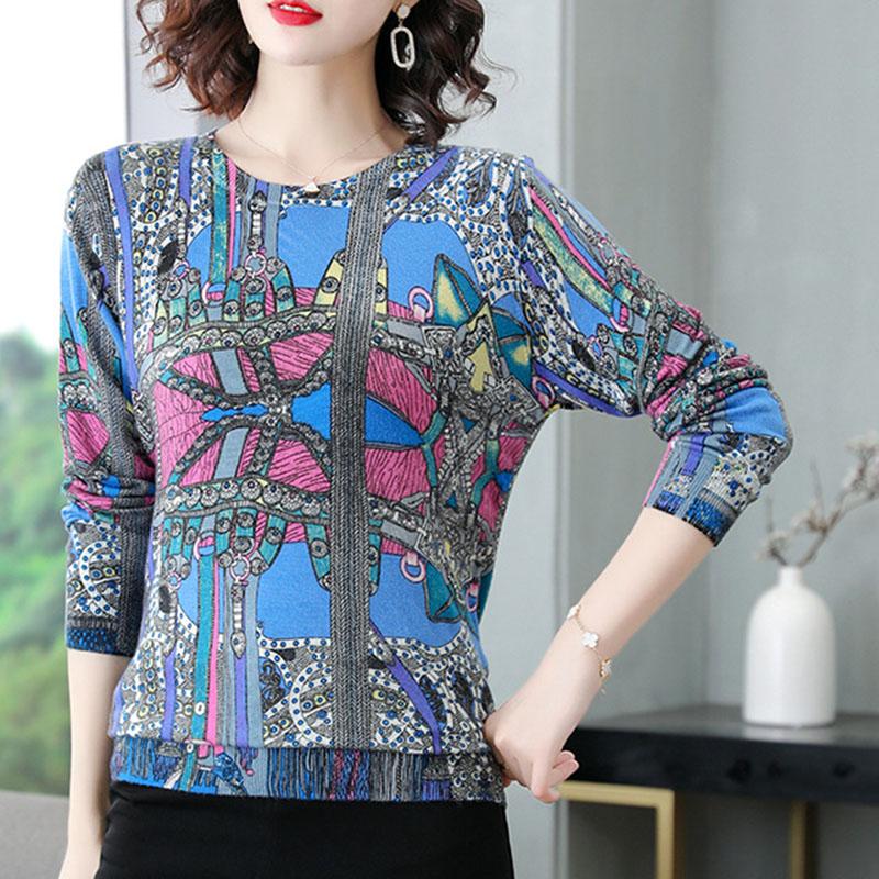 Ethnic Style Printed  Sweater Women Autumn Winter Loose O-Neck Long Sleeve Pullover Knit Jumper Sweater