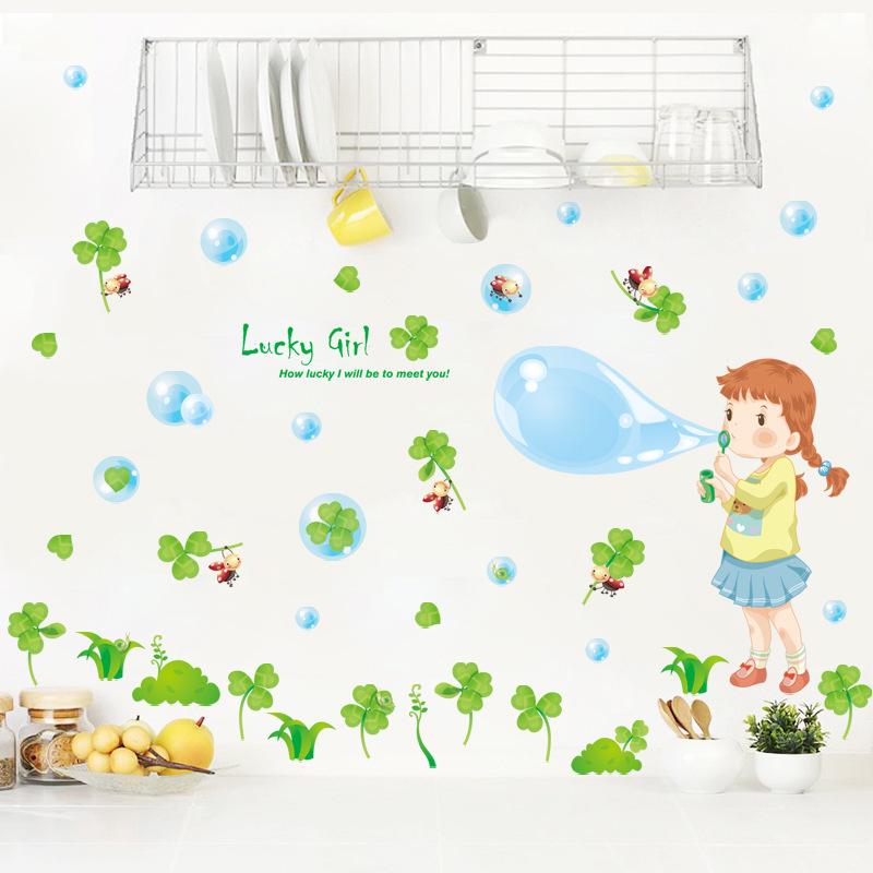 Kindergarten classroom layout self-adhesive clover wall stickers cartoon blowing bubble little girl