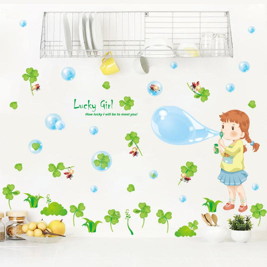 Kindergarten classroom layout self-adhesive clover wall stickers cartoon blowing bubble little girl