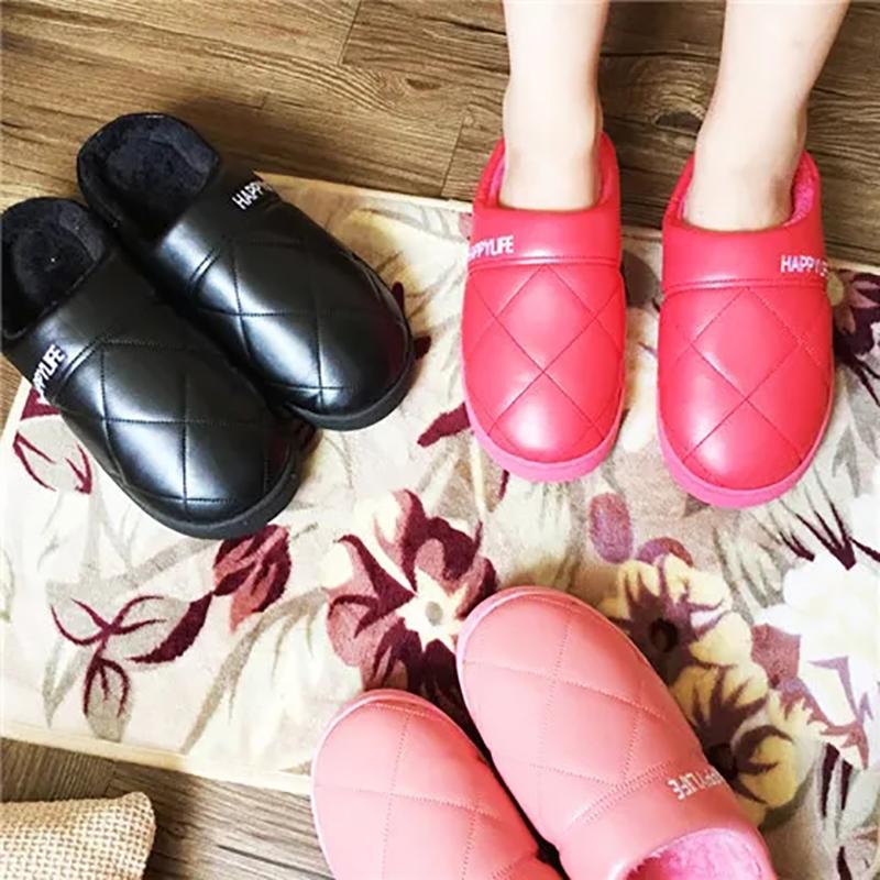 Winter Platform Slippers Women Leather Waterproof Plus Size Mens Thick Fleece Warm Cotton Shoes Home Indoor Casual Non Slip Slides  Winter Slipper