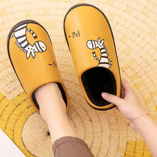 Waterproof Cotton Slippers Women PU Leather Non-slip Couples Home Slippers House Sliders Men Winter Thick Warm Cartoon Cute Indoor Shoes Bedroom