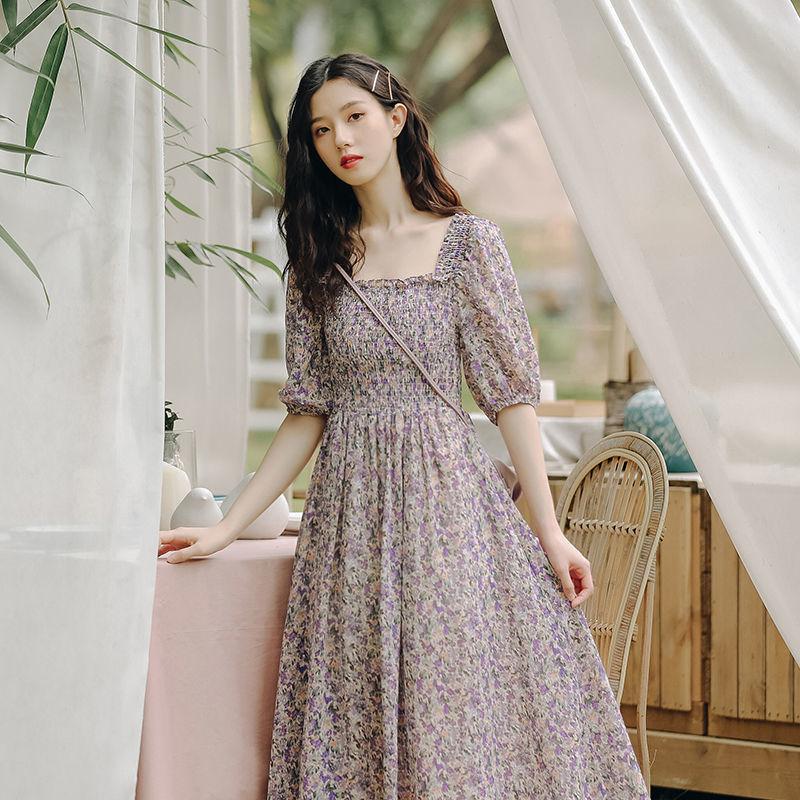 Female Vintage High Waist Super Fairy Holiday Dress Elegant Slim Chiffon Floral Print Pleated Dress