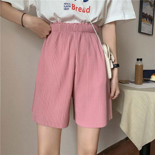 Pleated Wide-leg Shorts Women Five-point Short Pants Loose All-match High Waist Straight Casual Shorts Outdoor Sport Pants Solid Color A-line Shorts