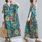 Summer Literary Retro Folk Style Print Loose V-neck Mid-length Dress Plus Fat Plus Size Women's Dress