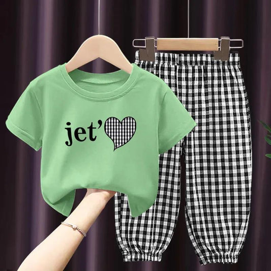 Girls Suit Summer Children's Clothes Thin Section Children's Clothing Printed Short-sleeved Plaid Pants Loose and Comfortable Two-piece Set