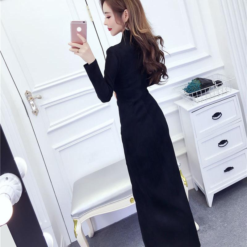 Women's Bottoming Shirt Knit Dress Fashion Slim Pullover V-neck Sweater Knitted Dress Mid-length Over-the-knee Bottoming Shirt