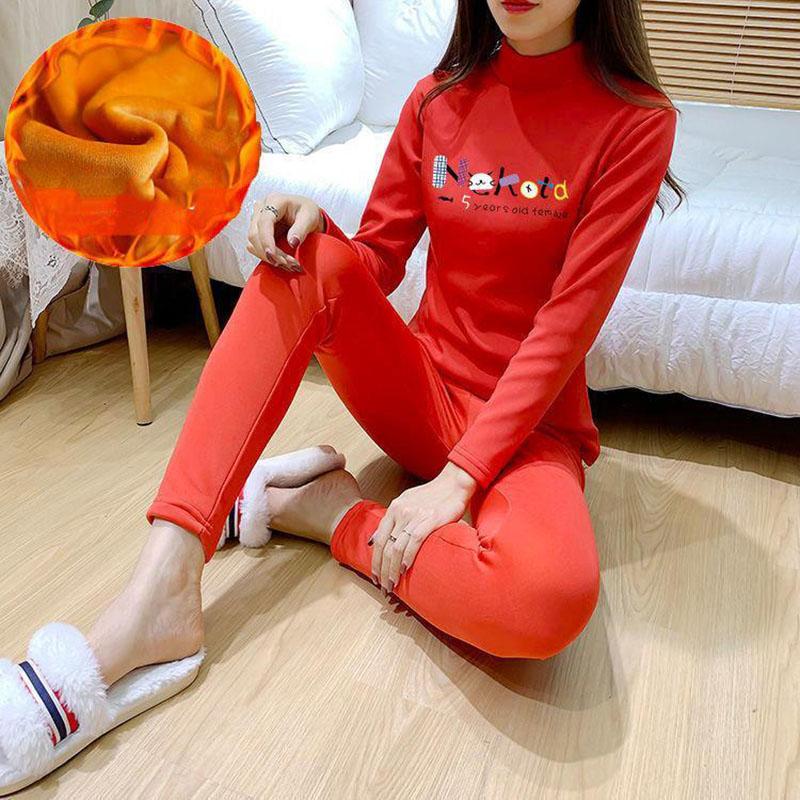 Winter Warm Women's Underwear Plus Velvet Padded Tight-fitting Suit with Autumn Clothes and Long Trousers Half-high Collar Large Size Bottoming Shirt