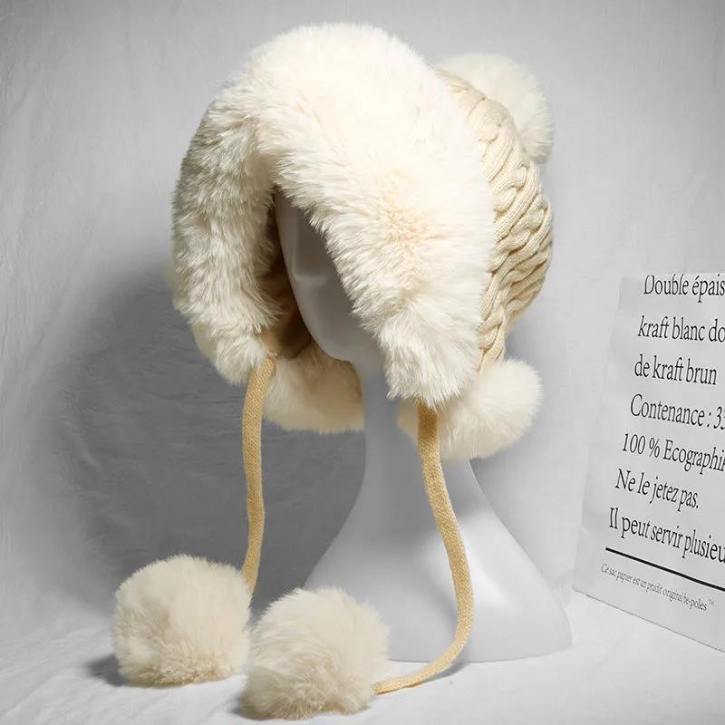 Women's Knitted Hat Fashion Rabbit Fur Stitching Woolen Hat Winter Plus Velvet Thickening Outdoor Windproof Ear Protection One