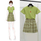 Summer Elegant Skirt Set Short Sleeve T-shirt High Waist Skirt Short Plaid Skirt Two-piece Set