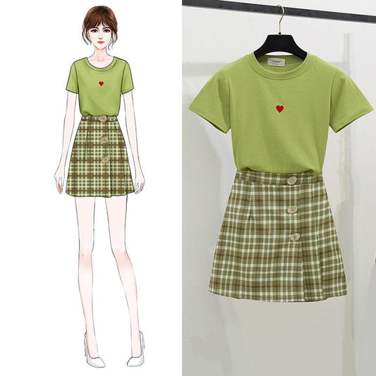 Summer Elegant Skirt Set Short Sleeve T-shirt High Waist Skirt Short Plaid Skirt Two-piece Set