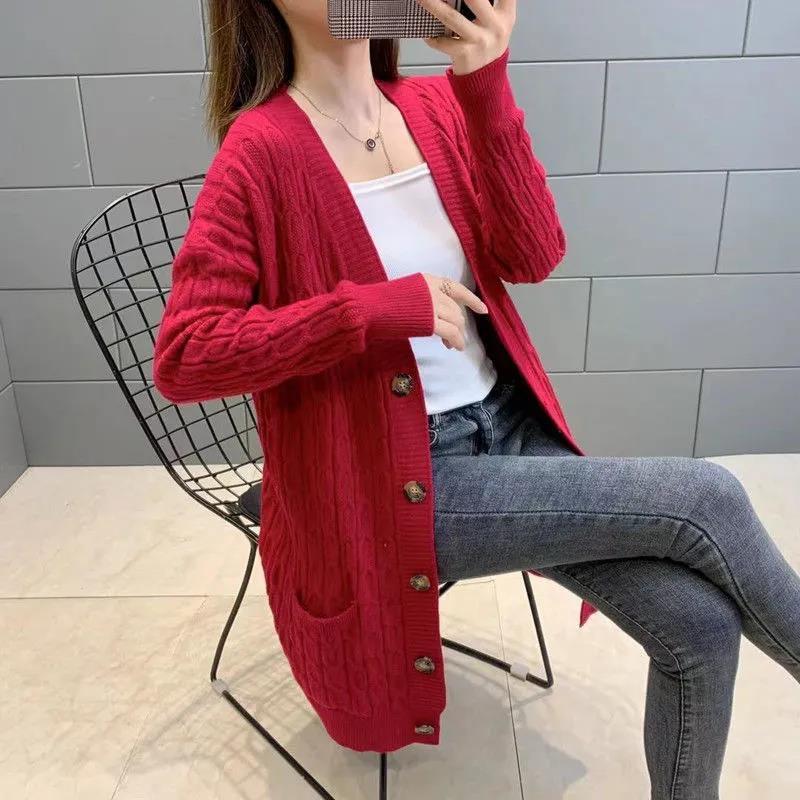 Women's Loose All-match Mid-length Knitted Sweater Cardigan Sweater Coat In Spring and Autumn