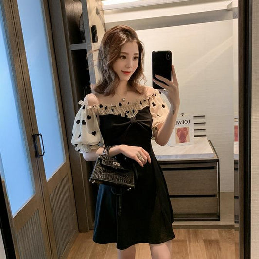 Streetwear Dress Women Summer Polka Dot Transparent Mesh Short Sleeve Spliced A Line Bow Tie Dress