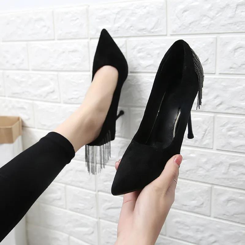 Pointed High Heels Female Spring and Summer Stiletto French Girl Sexy Black High Heels with Fringed Fringe