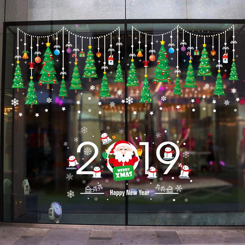 Cartoon Christmas tree window decoration storefront glass door stickers no trace wall stickers