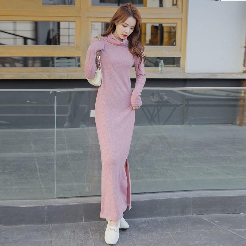 Long Over-the-knee Split Women's Autumn and Winter New Style Dress Temperament All-match High-neck Knitted Long Dress