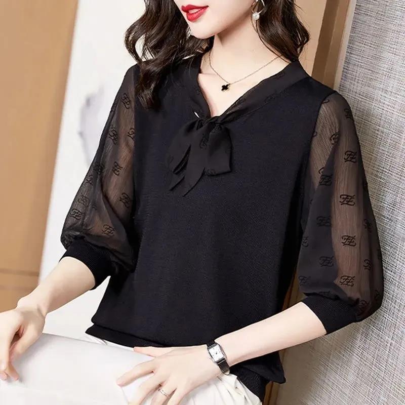 New Chiffon Blouse Office Lady Fashion Tops Sweet Bow Women  Casual Long Sleeve Summer  Pullover