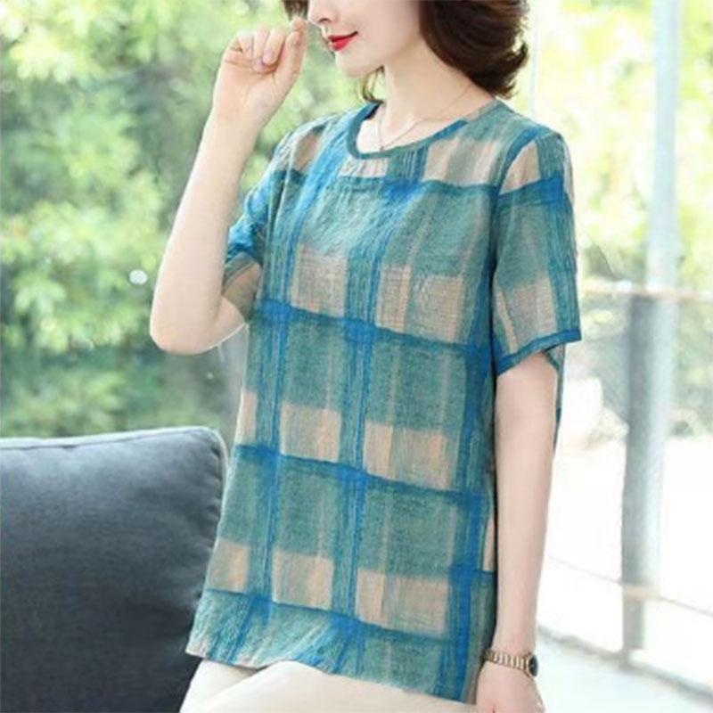 Large Size Women's Fashion Printing Mother Summer Clothes Short-sleeved Western Style Middle-aged and Elderly Tops Plaid T-shirts