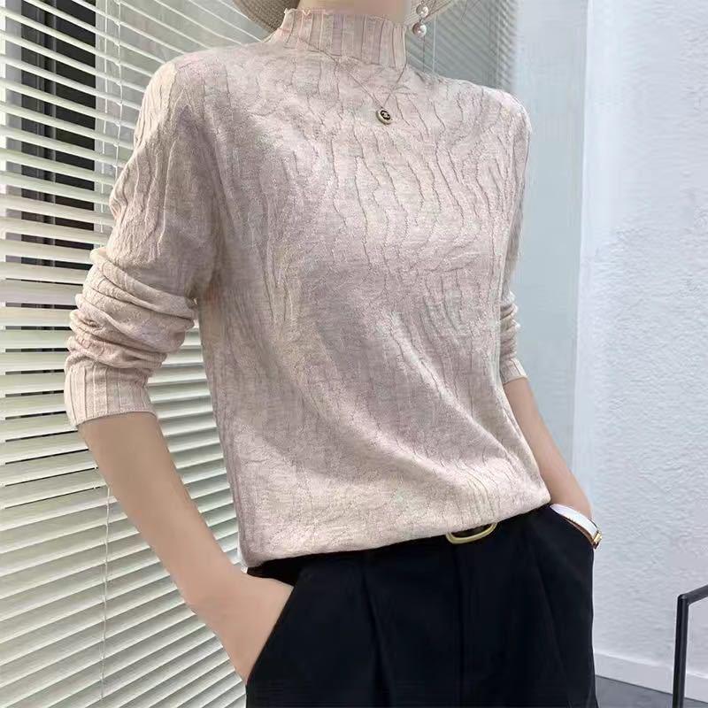 Autumn Winter Women Stretch Pleated Slim Knit Sweater All-match Thin Bottoming Shirt Top High Neck Pullover Jumper