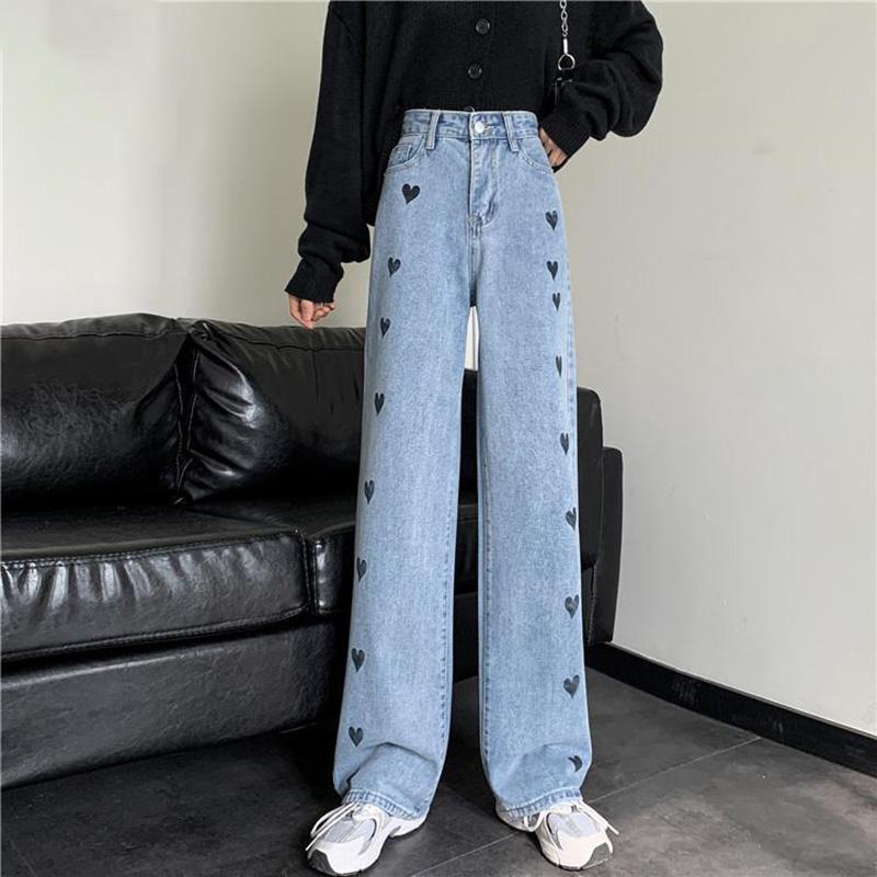 WTEMPO Heart-shaped Women's High Loose Casual Washed Denim Waist Wide Leg Pants Straight-leg Pants Super Long