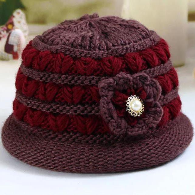 Women's Winter Hat Mother's Cotton Hat Female Knitted Windproof Hat Winter Pearl Warm Thick Woolen Hat