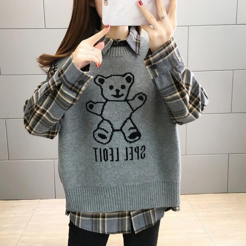 Bear Knitted Vest Jacket Women Autumn and Winter Loose Sweater Vest Shirt Suit Long-sleeved POLO Collar To Keep Warm and Comfortable