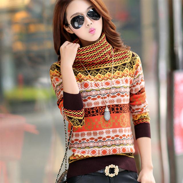 Vintage Print Turtleneck Sweater Women Thick Slim Pullover Sweater Heaps Collar Knitwear  Bottoming/outwear